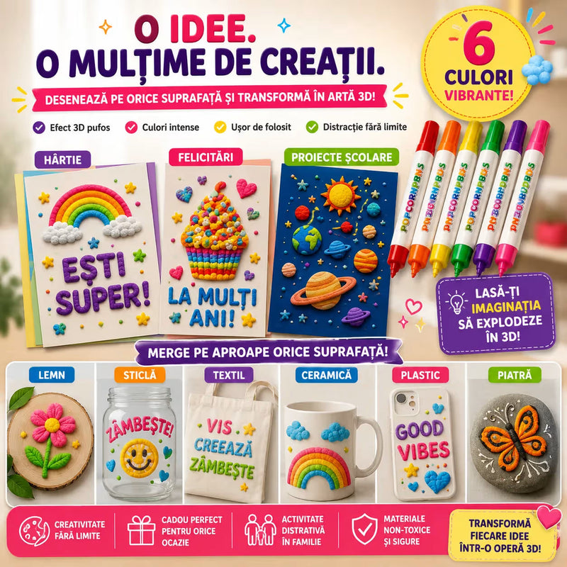Markere 3D cu vopsea expandabila, 6 culori, pentru copii