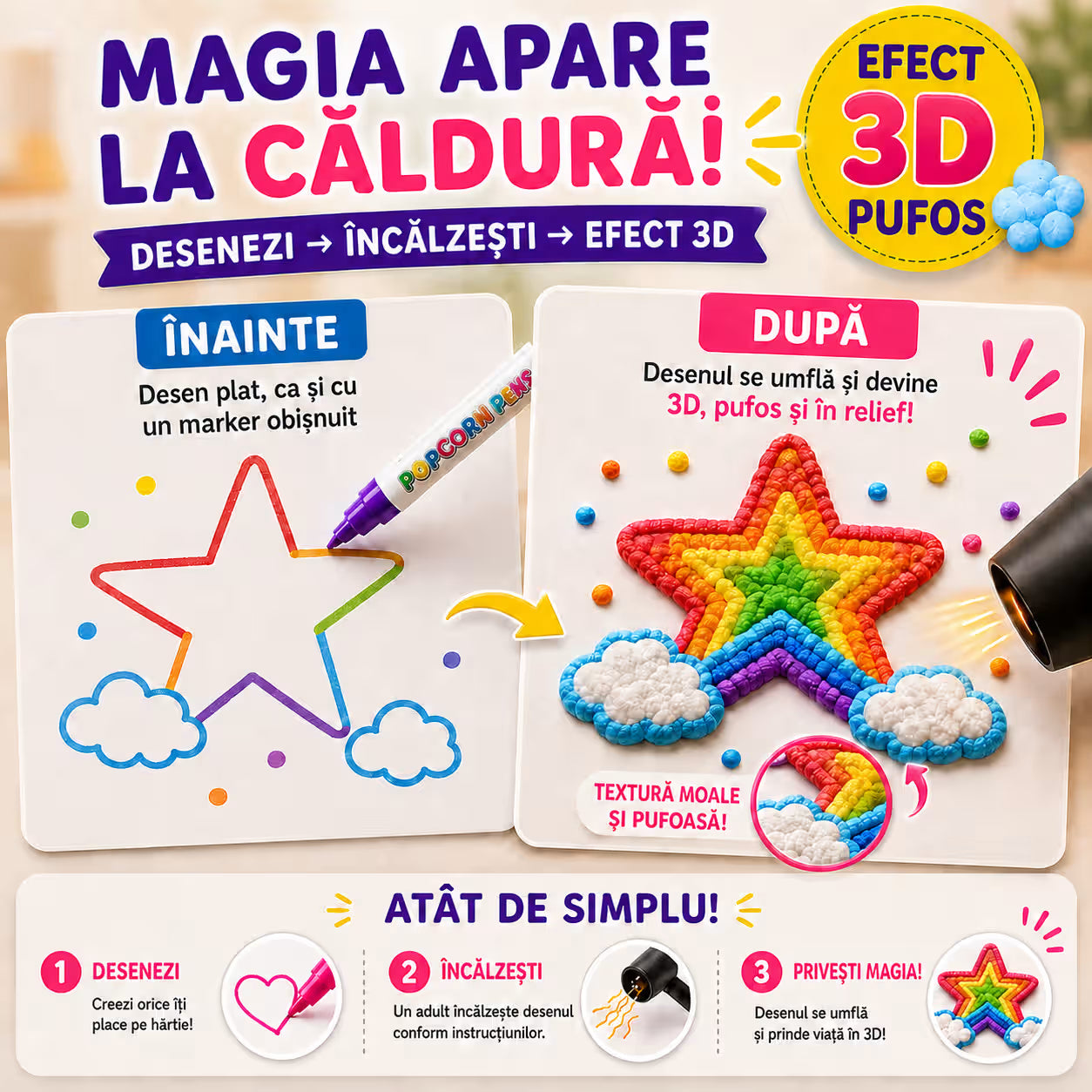 Markere 3D cu vopsea expandabila, 6 culori, pentru copii