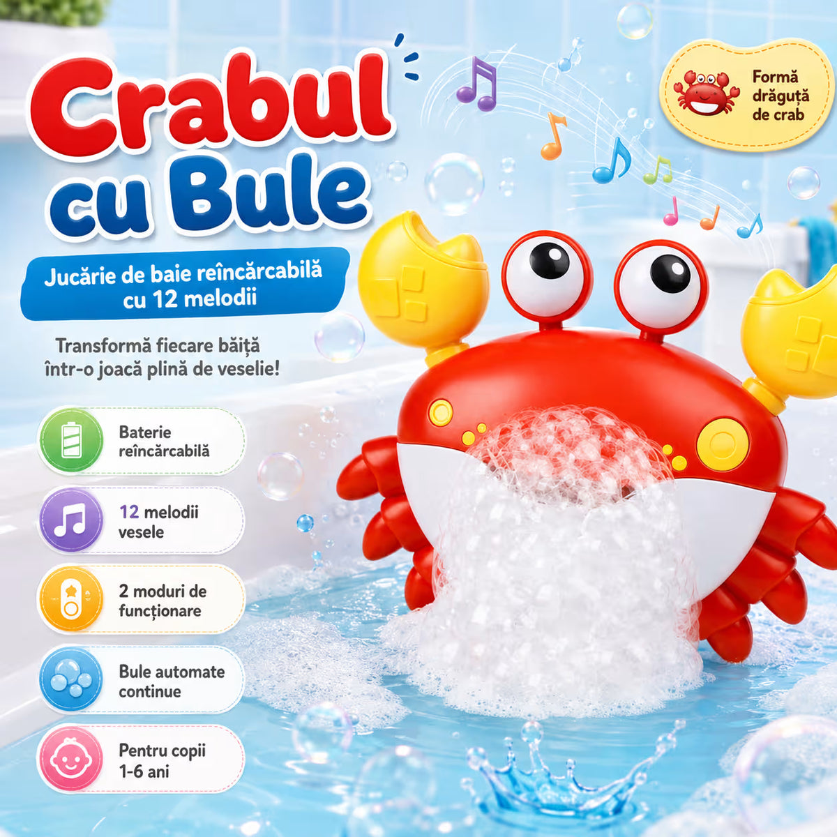 Crab pentru baie reîncărcabil cu bule