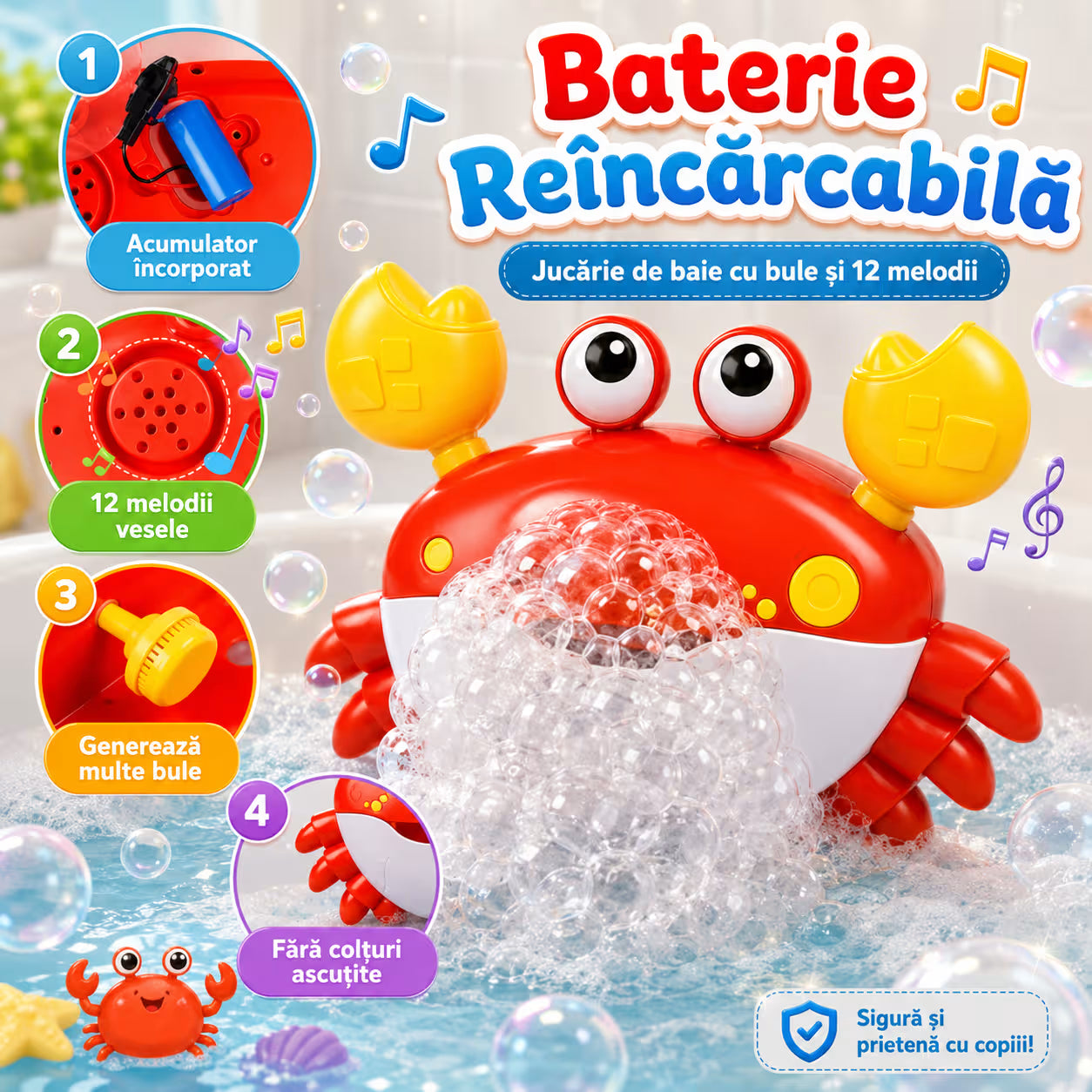 Crab pentru baie reîncărcabil cu bule