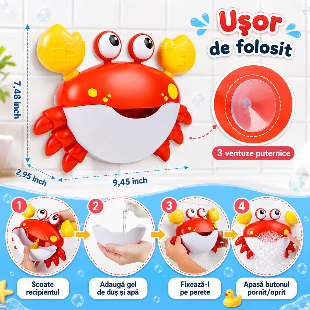 Crab pentru baie reîncărcabil cu bule