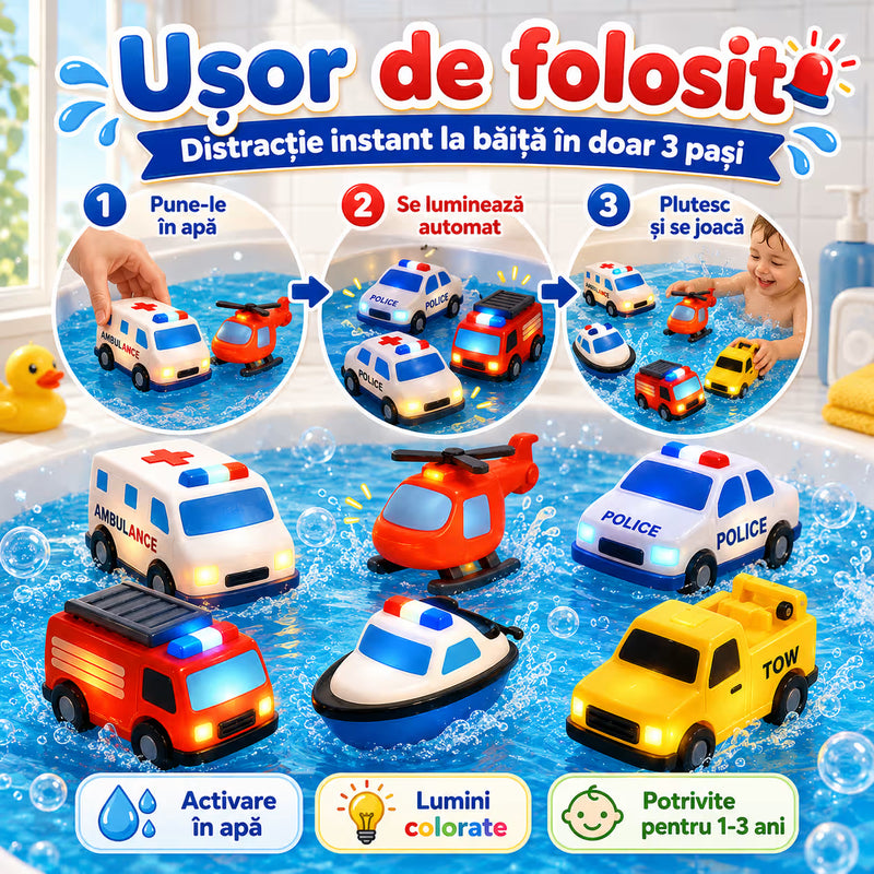 Set de 6 vehicule pentru joacă în apă cu lumini plutitoare