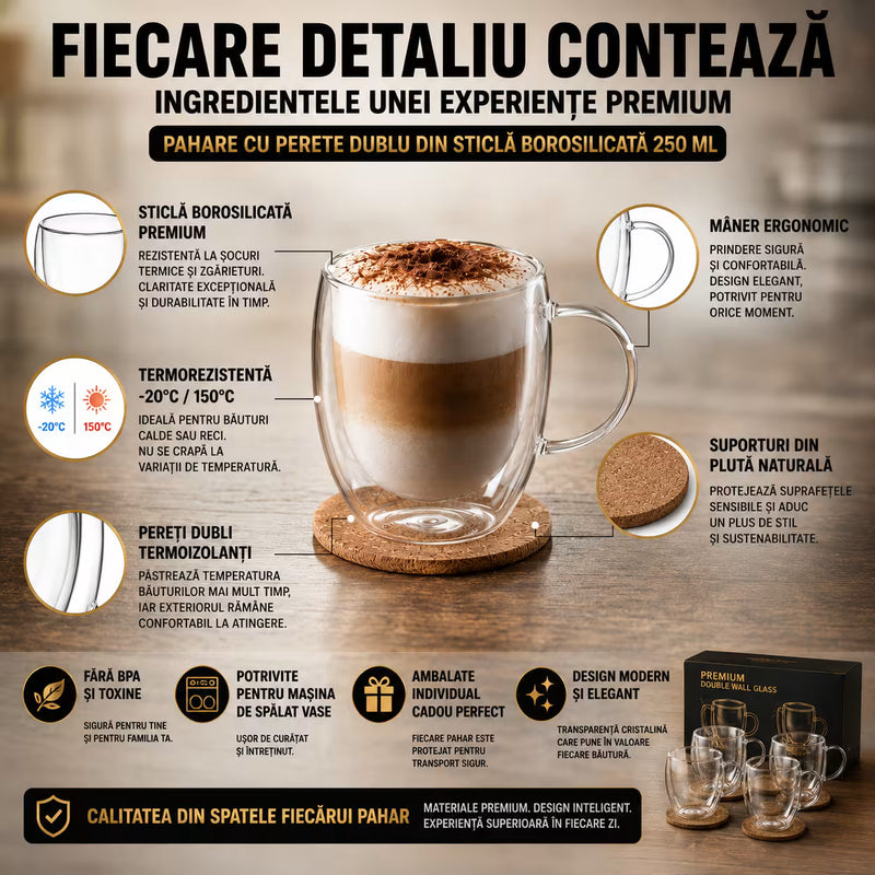 Cani cu perete dublu din sticla borosilicata 250 ml