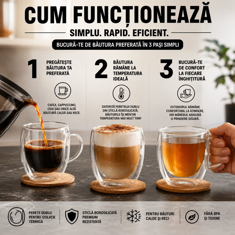 Cani cu perete dublu din sticla borosilicata 250 ml