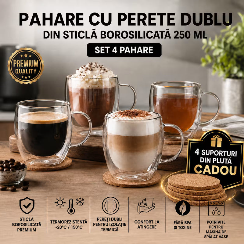 Cani cu perete dublu din sticla borosilicata 250 ml