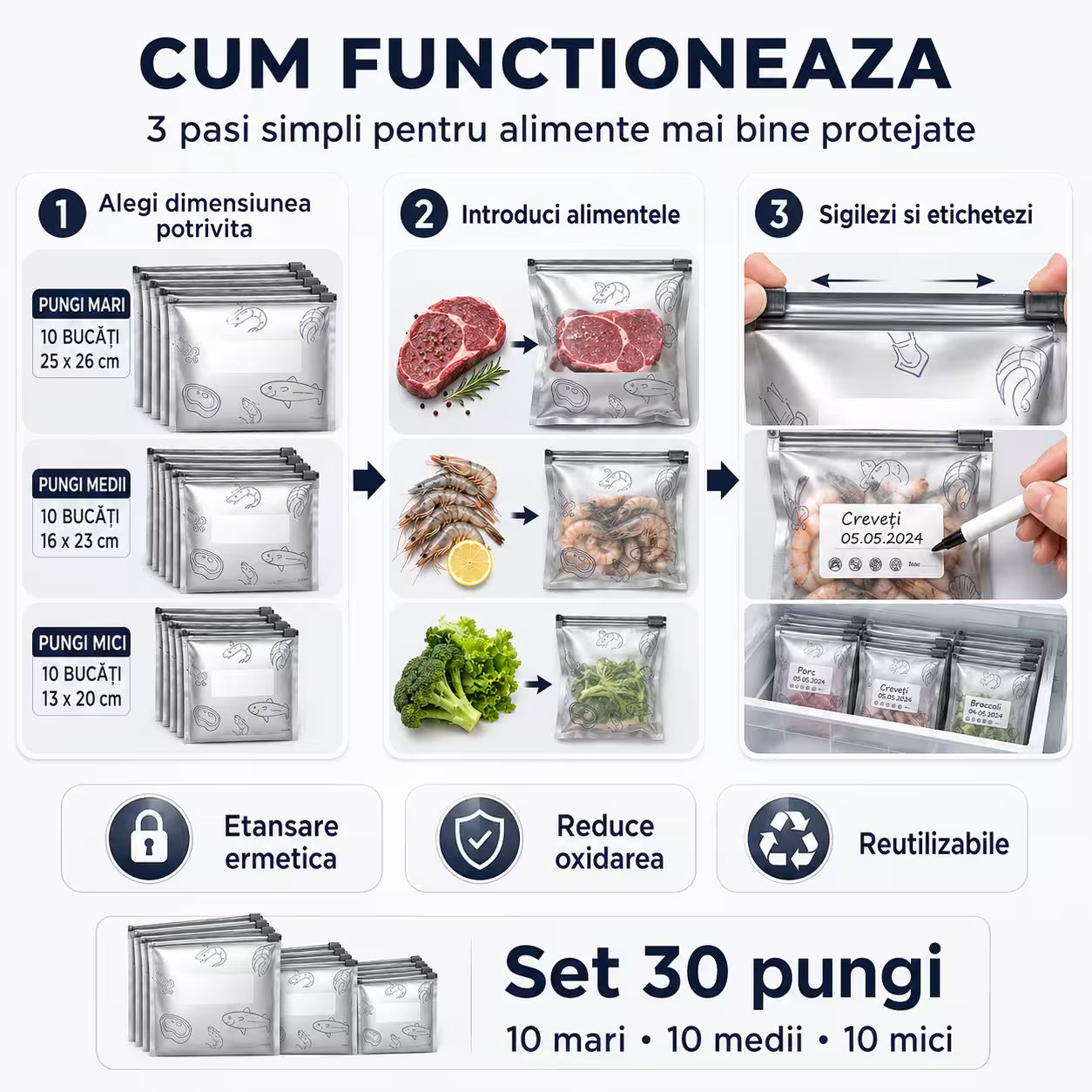 Set 30 pungi 10 mari  10 medii 10 mici