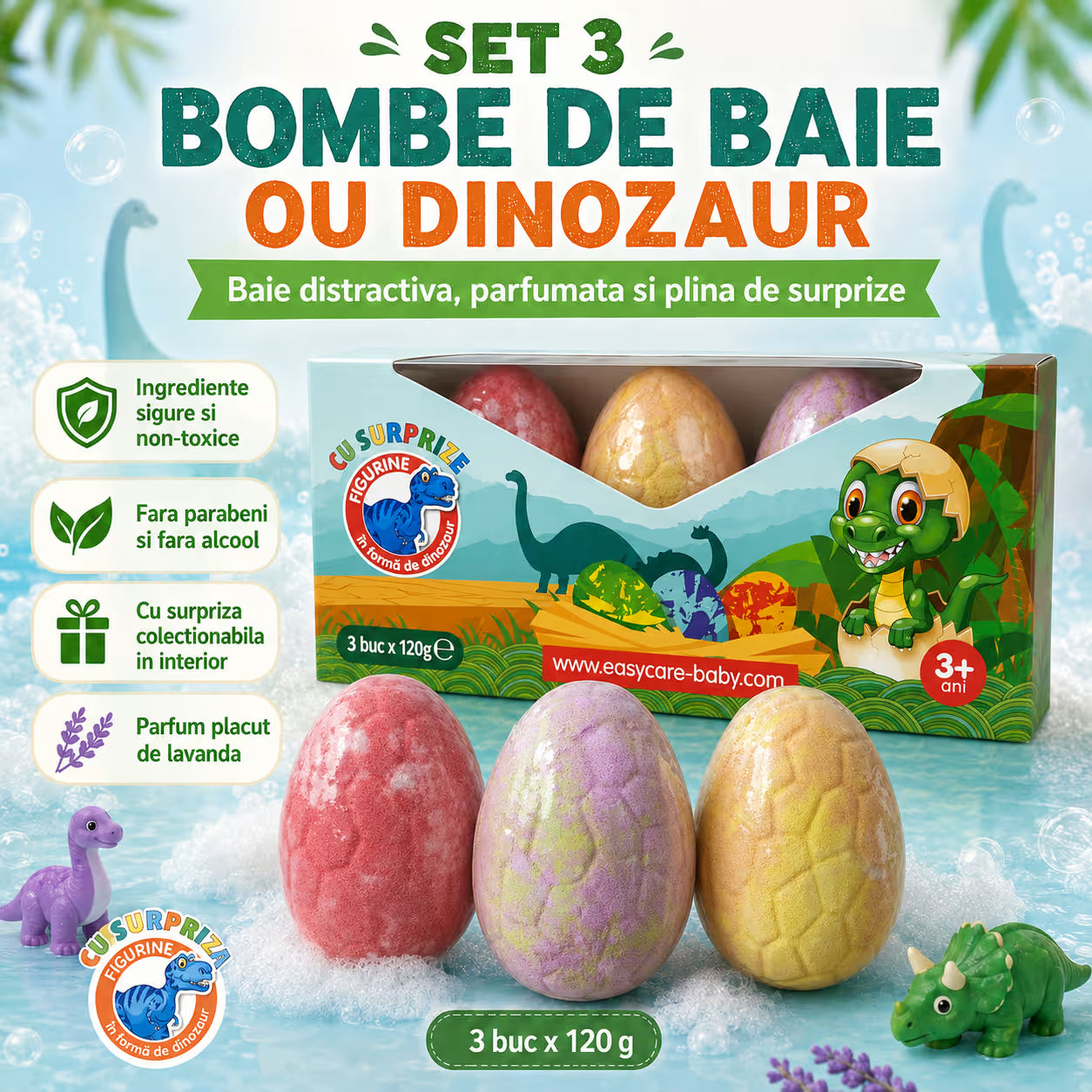 Set 3 bombe de baie ou dinozaur cu surpriza