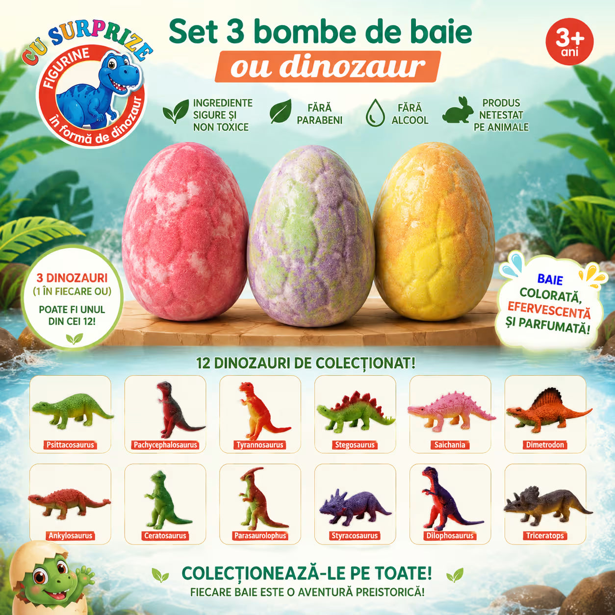 Set 3 bombe de baie ou dinozaur cu surpriza