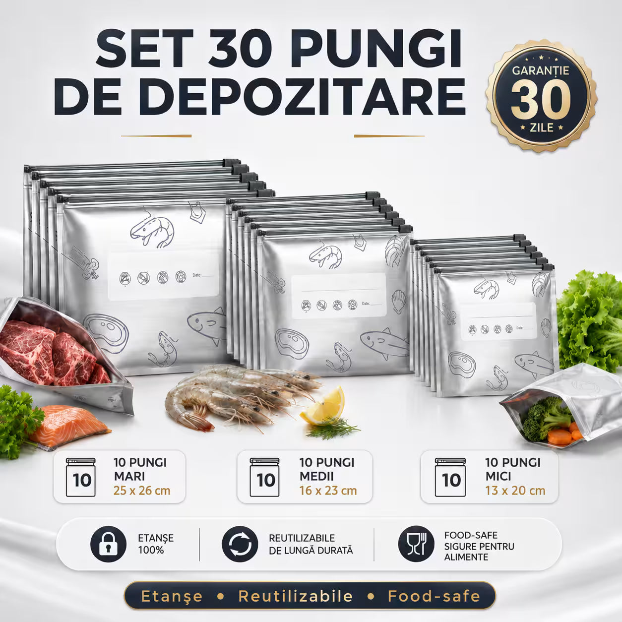 Set 30 pungi 10 mari  10 medii 10 mici