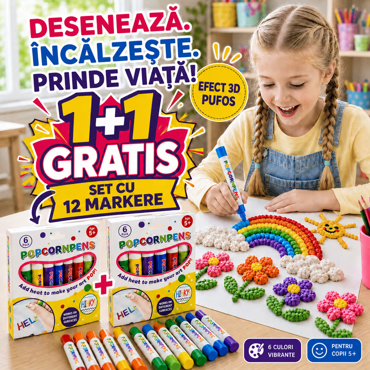 Markere 3D cu vopsea expandabila, 6 culori, pentru copii